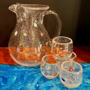 Zazz Millefiori Crate And Barrel ~Hand Blown Bubble Pitcher~ with 4 Glasses